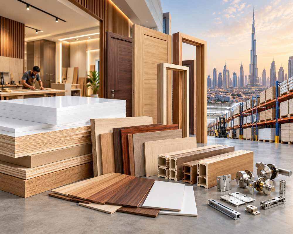 Board and door stock at Wudcaso Building Materials Trading, Dubai